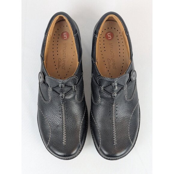 Black Clarks Un.loop Leather Slip On Loafers Womens 8N | Comfort Round Toe Shoes - Picture 3 of 6